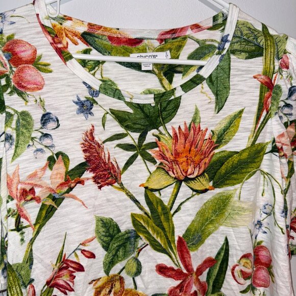 Chico's Floral Print Scoop Neck Puff Sleeve Top In White US Size Large - Picture 3 of 7